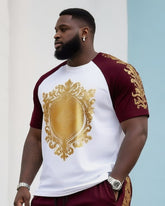 Big & Tall Men's Daily Casual Colorblock Retro Printed Round Neck T-Shirt Shorts Suit